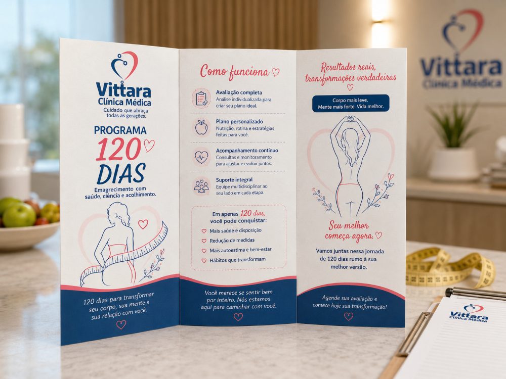 Folheto do Programa Vittara 120 Dias aberto, mostrando como funciona o acompanhamento
